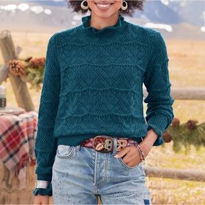 NWOT Sundance Bertina Everyday Turtleneck Pointelle Ruffled Blue Sweater